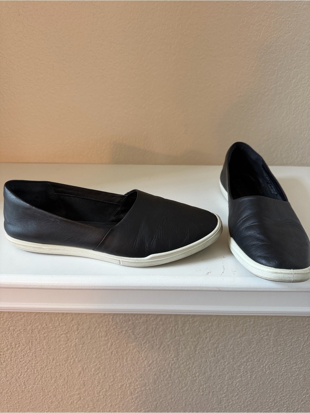Ecco Black Slip-On Leather Flats with White Sole